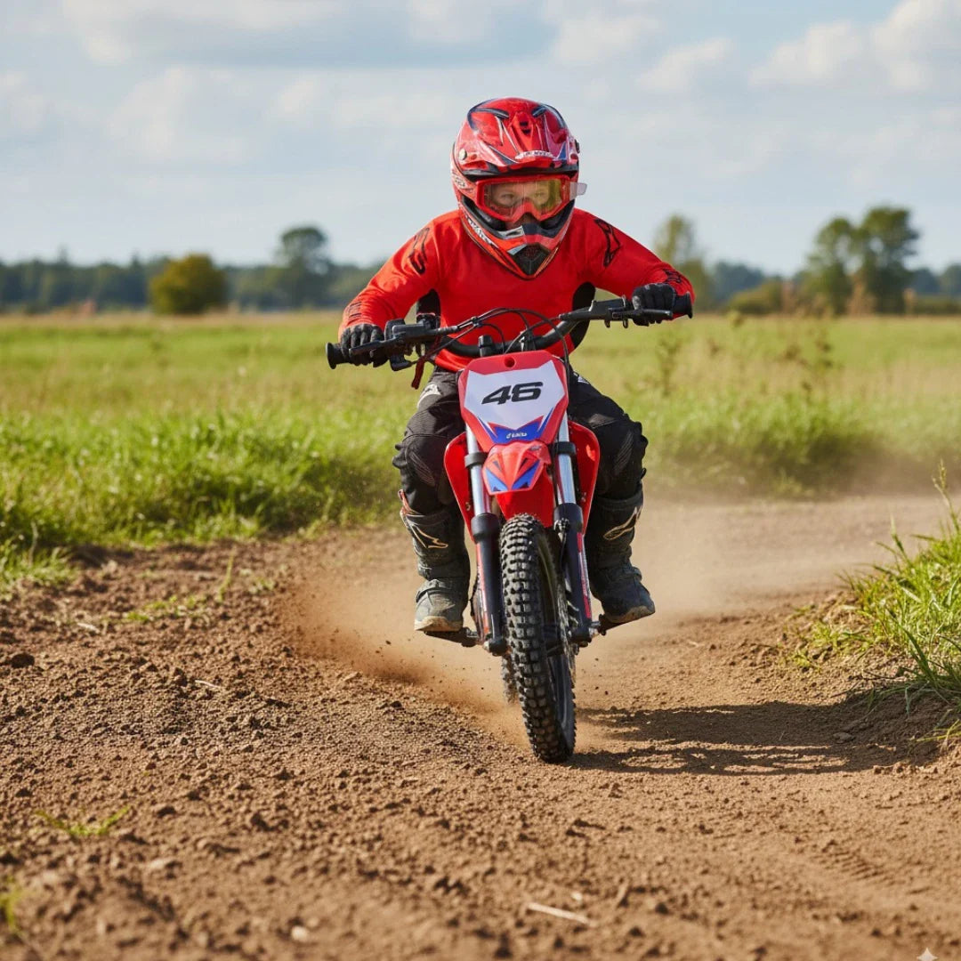 Na sliki je električno kolo, model Apollo Olala SX E500. Vidimo otroka, oblečenega v rdečo obleko in čelado, ki vozi kolo po prašni poti v naravi. Okoli njega so travniki in drevesa, kar ustvarja dinamično in pustolovsko vzdušje. Kolo ima športen videz in je primerno za vožnjo po različnih terenih.