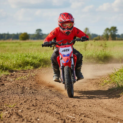 Na sliki je električno kolo, model Apollo Olala SX E500. Vidimo otroka, oblečenega v rdečo obleko in čelado, ki vozi kolo po prašni poti v naravi. Okoli njega so travniki in drevesa, kar ustvarja dinamično in pustolovsko vzdušje. Kolo ima športen videz in je primerno za vožnjo po različnih terenih.
