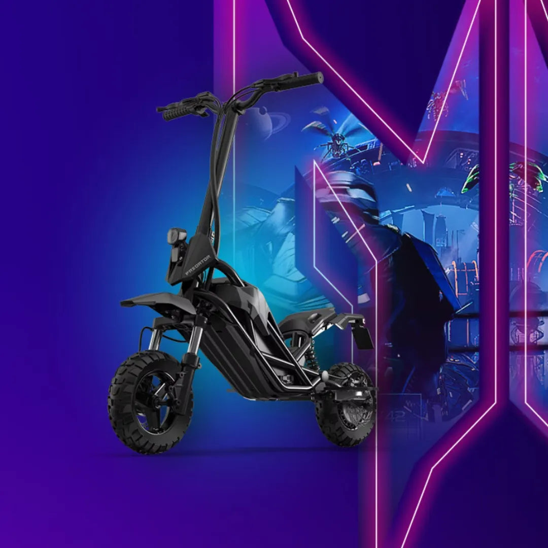 Električni skiro Acer Predator Extreme Pes017 na živahnem, futurističnem ozadju.