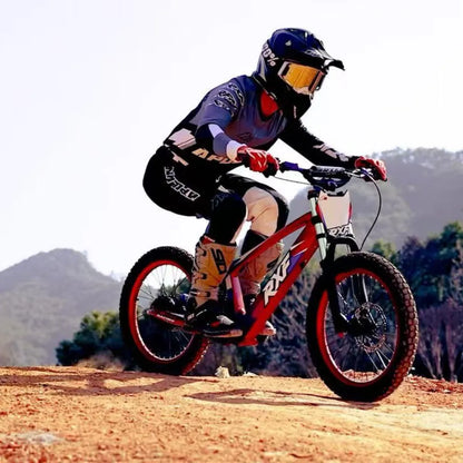 Izdelek na sliki je električno kolo, model Apollo Evo Racing 18. Na sliki je vidna oseba, ki vozi to kolo po neravnem terenu, oblečena v zaščitno opremo, vključno s čelado in zaščitnimi hlačami. Kolo ima športen dizajn, opremljeno z debelimi gumami, kar nakazuje na njegovo primernost za terensko vožnjo. V ozadju so vidne gore in narava, kar dodatno poudarja avanturistični značaj vožnje.