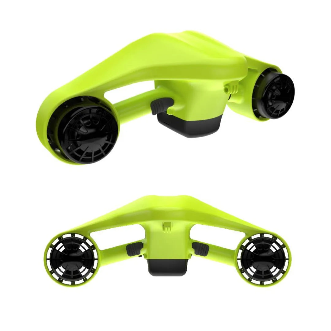 Izdelek je električni podvodni skuter, znamke Asiwo, model Manta. Na sliki je prikazana aerodinamična zasnova skuterja v svetlo zeleni barvi, z dvema propelerjema na obeh straneh, kar omogoča hitro in učinkovito premikanje pod vodo. Skuter ima tudi ergonomsko obliko za udobno držanje med uporabo.