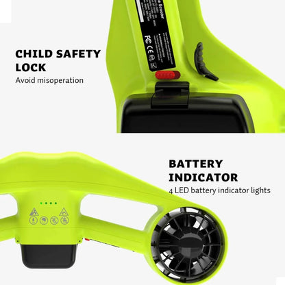 Izdelek je električni podvodni skuter, znamke Asiwow, model Manta. Na sliki je prikazan del skuterja v svetlo zeleni barvi, ki vključuje varnostno zaklepanje za otroke in indikator baterije s štirimi LED lučkami. Skuter je zasnovan za uporabo pod vodo, kar omogoča enostavno in zabavno premikanje pod vodno površino.