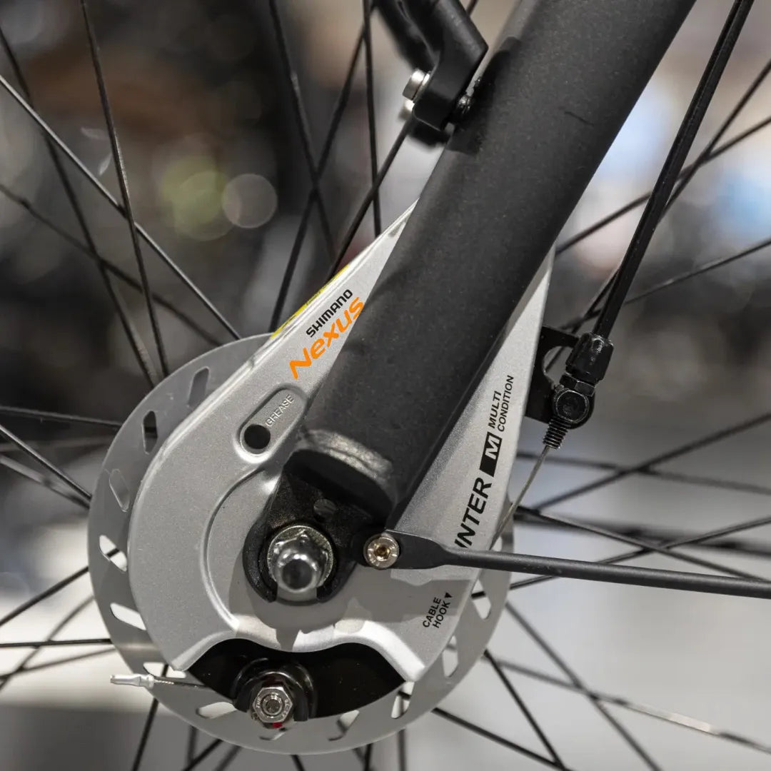Od blizu prikazano pesto Shimano Nexus na električnem kolesu Cortina Common Family.
