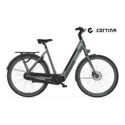 Elegantno sivo električno kolo Cortina E Nite z okvirjem z nizkim vstopom in diskastimi zavorami.