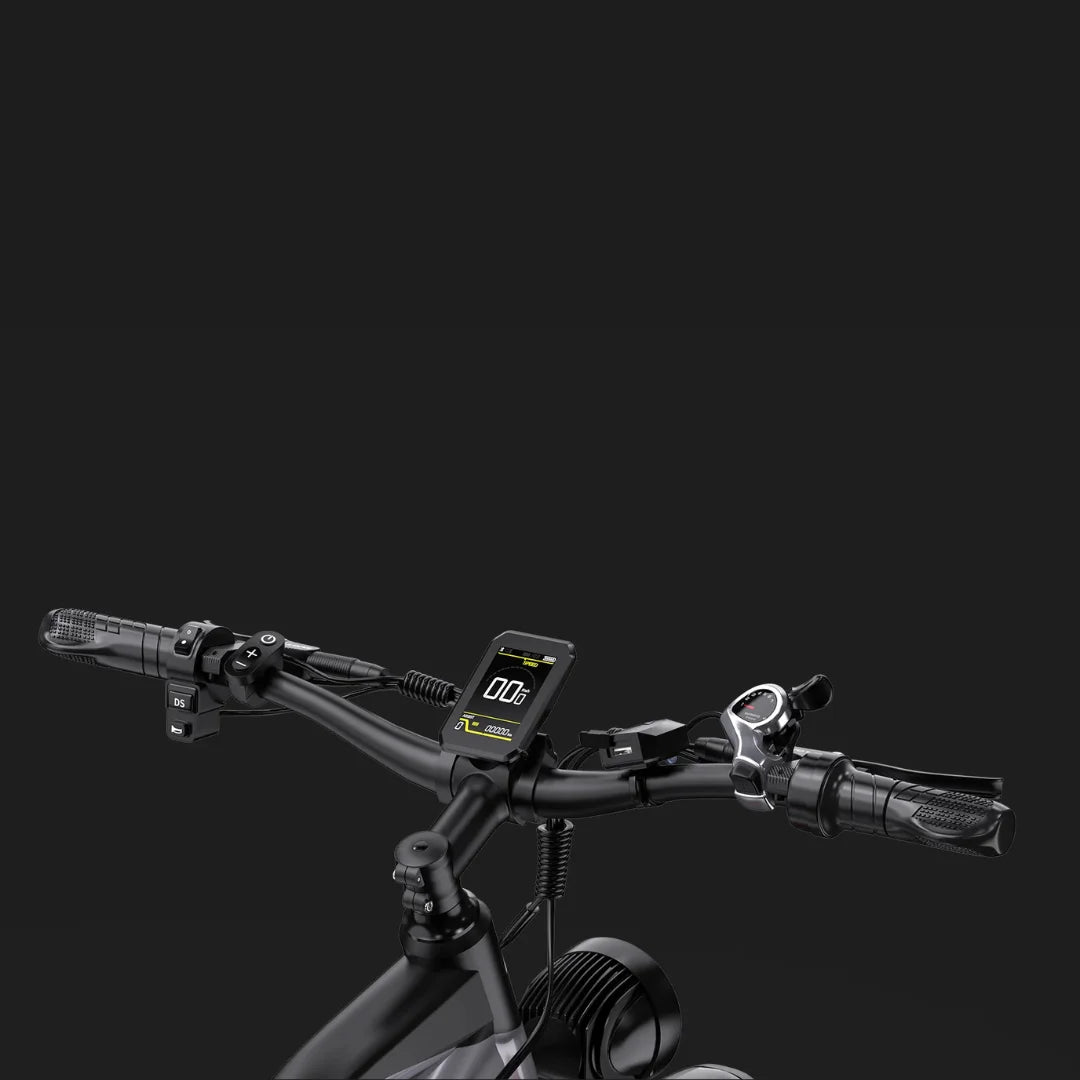 Na sliki je električno kolo, model Duotts F26. Vidni so krmili s prikazovalnikom, ki prikazuje hitrost in druge podatke o vožnji. Na krmilu so tudi ročice za zaviranje in gumbi za upravljanje. Celotna zasnova je moderna in funkcionalna, kar poudarja črno barvno shemo.