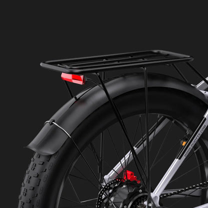 Izdelek na sliki je električno kolo, model "Duotts F26". Vidna je zadnja stran kolesa s širokim gumami in nosilcem za prtljago, ki je opremljen z rdečo odsevnico. Kolo ima tudi blatnik, ki ščiti pred umazanijo. Celoten videz je eleganten in sodoben, kar nakazuje na funkcionalnost in udobje pri vožnji.