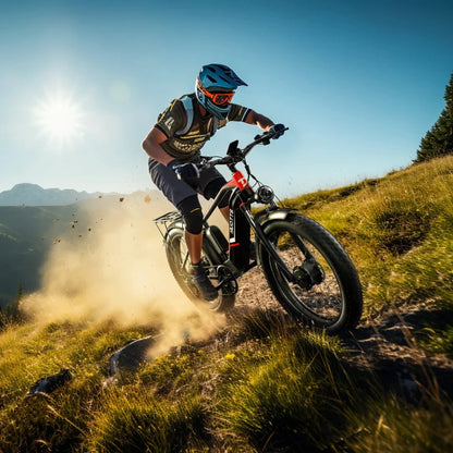 Na sliki je električno kolo model "F26" znamke Duotts. Kolo je v akciji, saj ga vozi kolesar po travnati poti, obkrožen z naravo. Kolesar nosi zaščitno čelado in očala, kar kaže na športno aktivnost. V ozadju so vidne gore in sonce, kar ustvarja dinamično in privlačno vzdušje. Kolo ima široke pnevmatike in robustno zasnovo, kar je primerno za vožnjo po zahtevnejših terenih.