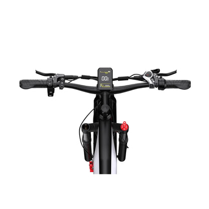 Izdelek je električno kolo, znamke Duotts, model F26. Na sliki so vidni krmili s prikazovalnikom, ki kaže hitrost, ter različni gumbi in ročice za upravljanje. Kolo ima ergonomske ročaje in dodatne funkcionalnosti, kar nakazuje na udobno vožnjo.