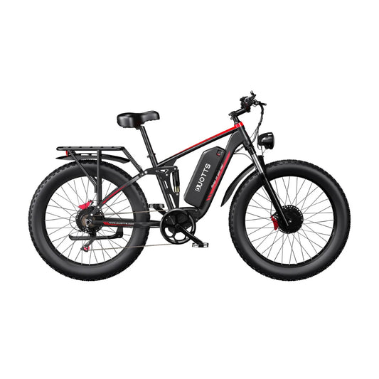 Izdelek je električno kolo znamke Duotts, model S26. Na sliki je vidno kolo s širokimi pnevmatikami, kar omogoča boljšo stabilnost in oprijem na različnih terenih. Kolo ima robustno zasnovo, opremljeno z električnim motorjem in baterijo, ki je nameščena na okvirju. Videz je dopolnjen s športnimi detajli v rdeči barvi, kar mu daje dinamičen videz. Kolo je primerno za mestno vožnjo in avanture v naravi.