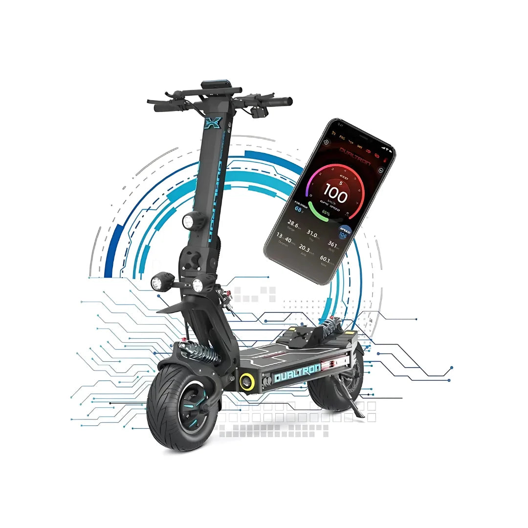 Izdelek na sliki je električni skiro, model Dualtron X Limited. Vidna je moderna zasnova skiroja s širokimi pnevmatikami in močnim okvirjem, kar nakazuje na robustnost in zmogljivost. Na sliki je tudi pametni telefon, ki prikazuje informacije o hitrosti in drugih parametrih vožnje, kar nakazuje na povezljivost in pametne funkcije skiroja. Celotna podoba je obogatena z grafičnimi elementi, ki poudarjajo tehnološko naprednost izdelka.