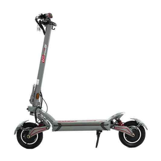 Izdelek na sliki je električni skiro, model Eco Speed 10X V2. Na sliki je prikazan skiro v sivi barvi s širokim stopalom in robustnimi kolesi. Vidni so tudi vzmetni sistemi na zadnjem kolesu, kar nakazuje na boljšo udobnost vožnje. Na vrhu krmila je nameščen nadzorni sistem s prikazovalnikom.