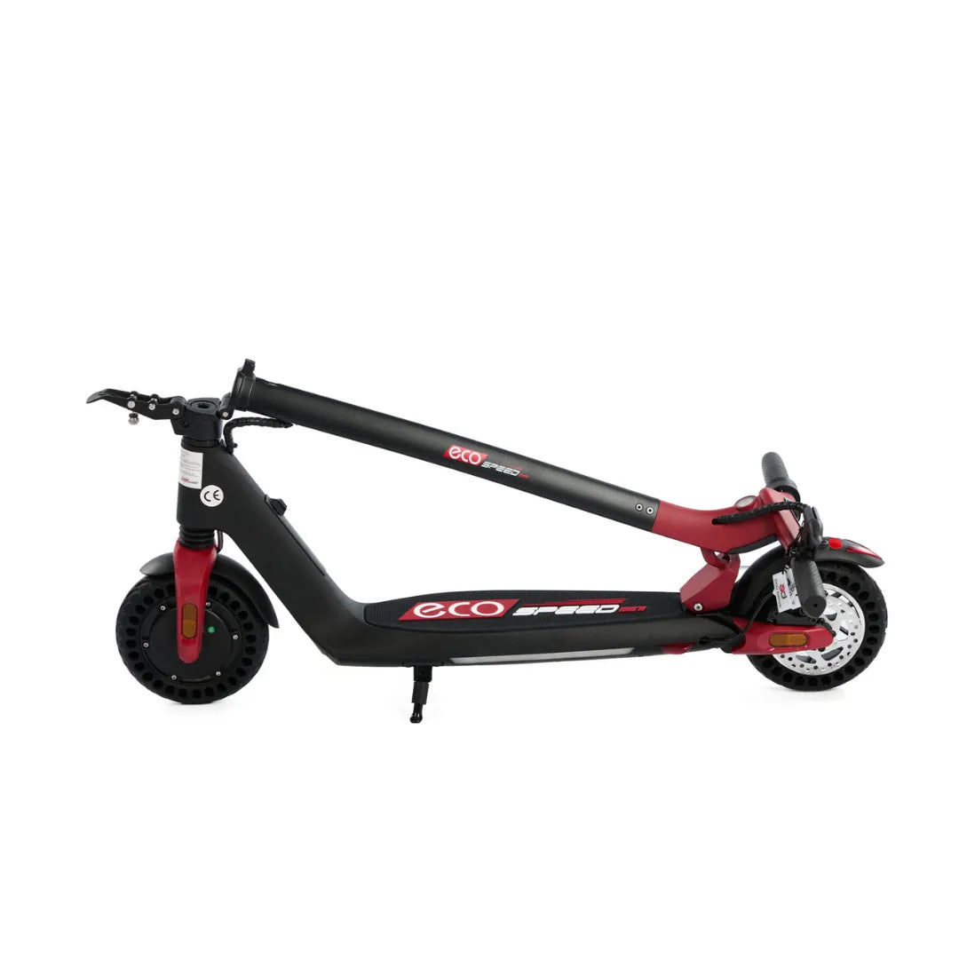 Izdelek na sliki je električni skiro, model Eco Speed Mini. Vidna je njegova kompaktna zasnova, ki omogoča enostavno prenašanje, saj je skiro zložen. Ima črne in rdeče barve ter široke pnevmatike, ki zagotavljajo stabilnost. Na sprednjem delu so vidne ročice za upravljanje in zavora.