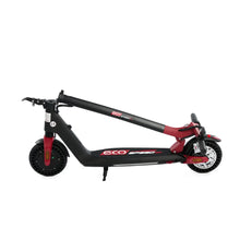 Izdelek na sliki je električni skiro, model Eco Speed Mini. Vidna je njegova kompaktna zasnova, ki omogoča enostavno prenašanje, saj je skiro zložen. Ima črne in rdeče barve ter široke pnevmatike, ki zagotavljajo stabilnost. Na sprednjem delu so vidne ročice za upravljanje in zavora.