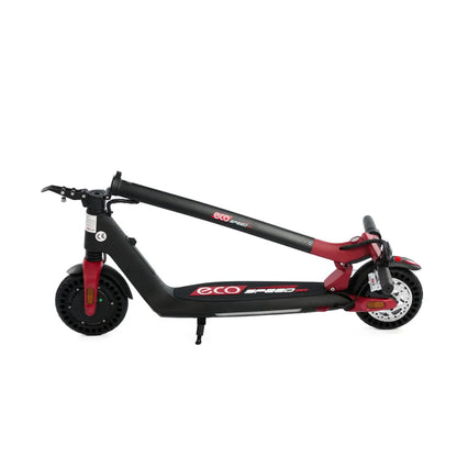 Izdelek na sliki je električni skiro, model Eco Speed Mini. Vidna je njegova kompaktna zasnova, ki omogoča enostavno prenašanje, saj je skiro zložen. Ima črne in rdeče barve ter široke pnevmatike, ki zagotavljajo stabilnost. Na sprednjem delu so vidne ročice za upravljanje in zavora.