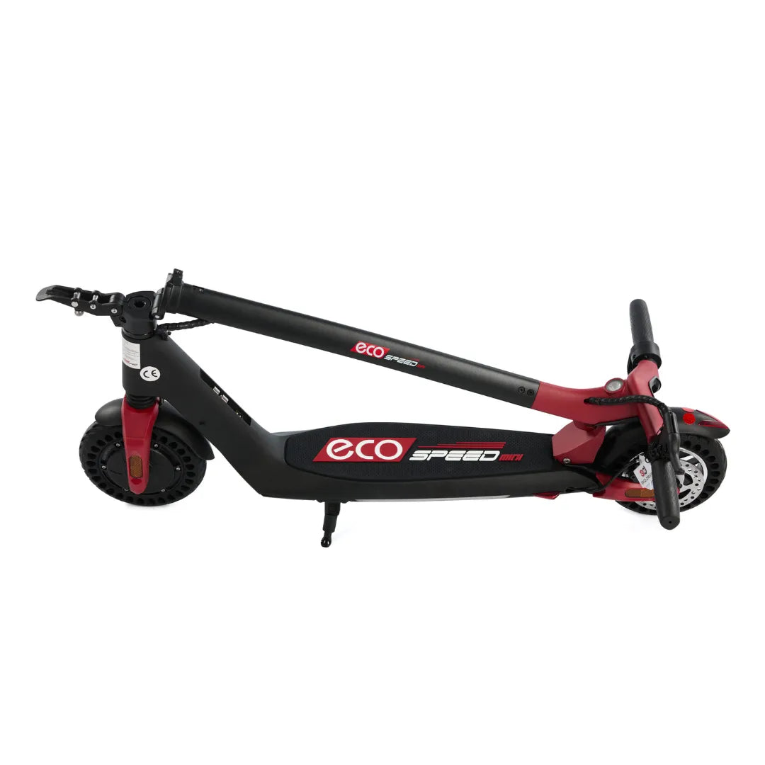 Izdelek je električni skiro, model "Eco Speed Mini". Na sliki je prikazan skiro v črni in rdeči barvi, ki je zložen. Vidna sta sprednje kolo in krmilo, na katerem so ročaji. Skuter ima tudi disk zavora in oznako znamke na telesu. Celoten dizajn je kompakten, kar nakazuje na enostavno prenašanje in shranjevanje.