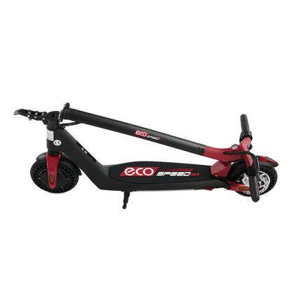 Izdelek je električni skiro, model "Eco Speed Mini". Na sliki je prikazan skiro v črni in rdeči barvi, ki je zložen. Vidna sta sprednje kolo in krmilo, na katerem so ročaji. Skuter ima tudi disk zavora in oznako znamke na telesu. Celoten dizajn je kompakten, kar nakazuje na enostavno prenašanje in shranjevanje.