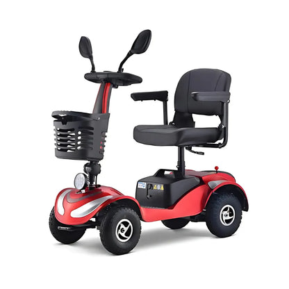 Izdelek je električni mobilni voziček, model Eco Speed Senior. Na sliki je prikazan voziček v rdeči barvi, ki ima udoben sedež z naslonjali za roke, ter krmilo z dvema ogledaloma. Spodaj je tudi košara za shranjevanje manjših predmetov. Voziček je zasnovan za enostavno premikanje, kar ga naredi primernega za starejše uporabnike.