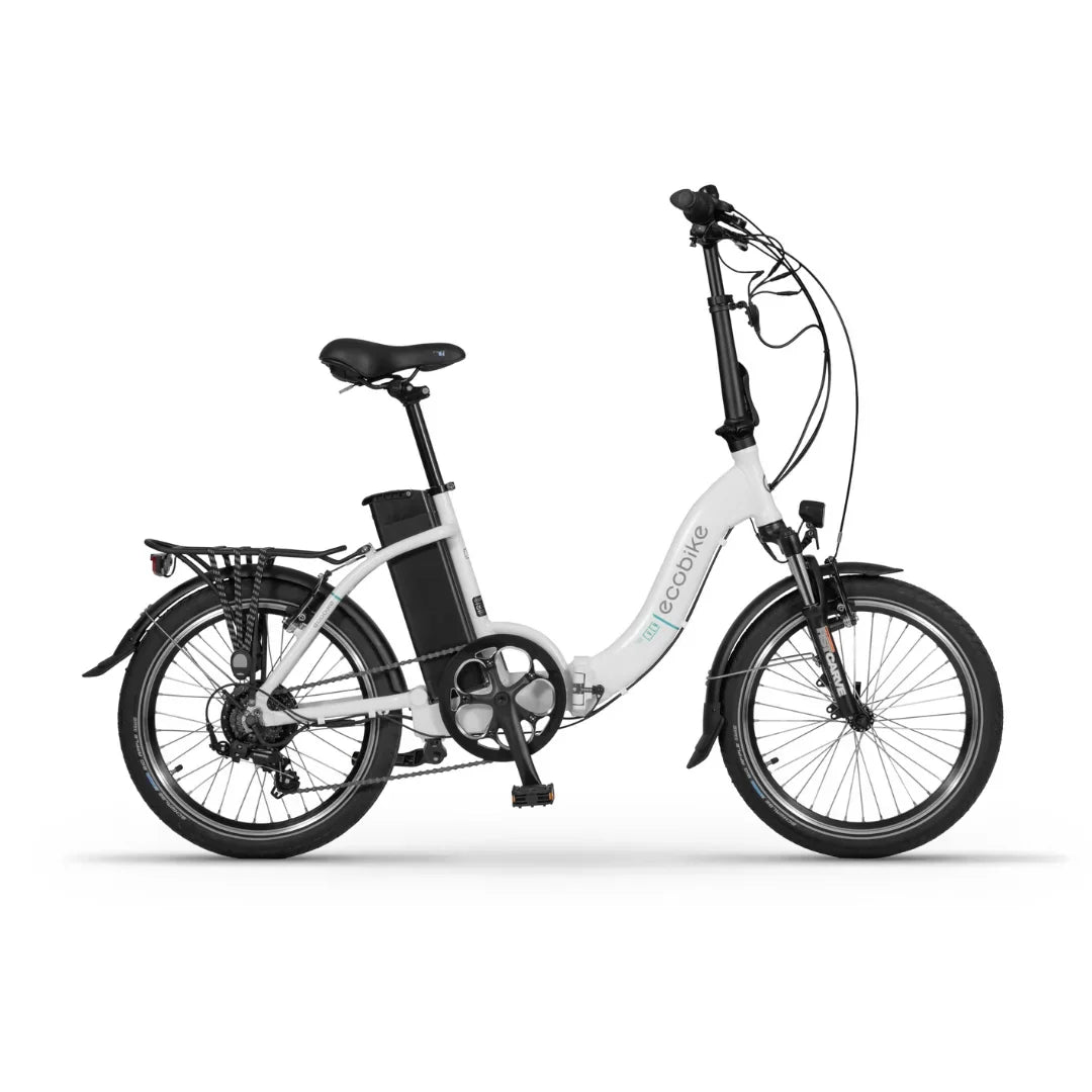 Izdelek na sliki je električno kolo znamke Ecobike, model Even. Kolo ima kompakten dizajn z nizkim prečnim okvirjem, kar olajša vstopanje in izstopanje. Na sliki so vidni tudi široki sedež, sprednja in zadnja kolesa ter baterija, nameščena na okvirju. Kolo je zasnovano za udobno vožnjo po mestnih ulicah.