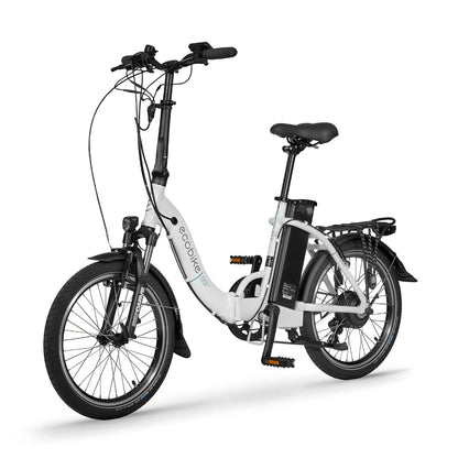 Izdelek na sliki je električno kolo znamke Ecobike, model Even. Kolo ima kompakten dizajn s srednje velikimi kolesi in zložljivo konstrukcijo, kar omogoča enostavno shranjevanje in transport. Na sliki so vidni tudi krmilo, sedež ter baterija, ki je nameščena na okvirju, kar nakazuje na električni pogon. Kolo je zasnovano za udobno vožnjo v urbanem okolju.