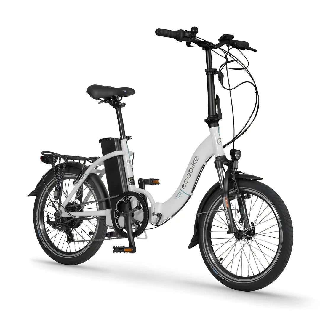 Na sliki je električno kolo znamke Ecobike, model Even. Kolo ima kompaktno zasnovo z manjšimi kolesi, kar ga naredi primerno za mestno vožnjo. Vidna sta tudi akumulator in sistem za prestavljanje, kar nakazuje na električni pogon. Barva kolesa je svetla, kar mu daje sodoben videz.