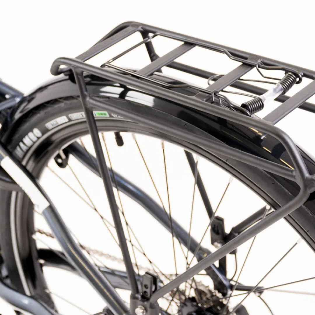 Izdelek je električno kolo, znamke Econo Mare, model EECALK Auto. Na sliki je prikazan zadnji del kolesa, kjer je vidna nosilna konstrukcija, ki je zasnovana za prenašanje tovora. Kolo ima široko pnevmatiko in robustno zasnovo, kar nakazuje na njegovo uporabnost v mestnem okolju.