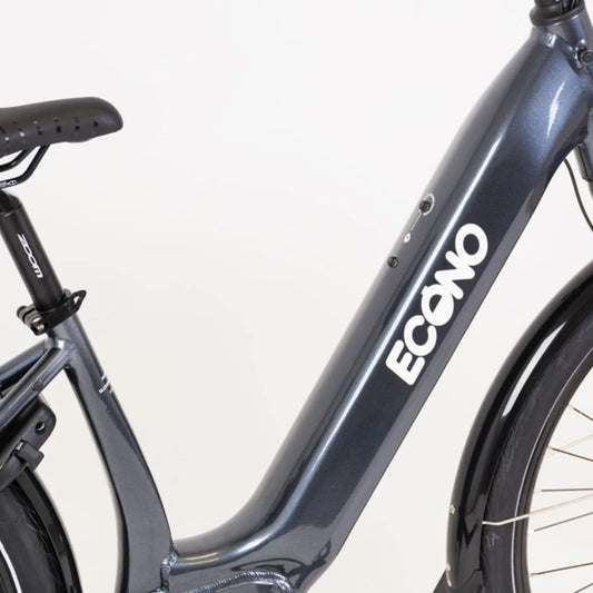 Electric Bike Econo Mare City Eecalk Auto, sleek gray frame, smooth lines, modern design, integrated controls.