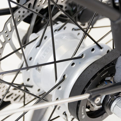 Na sliki je del električnega kolesa, model "Econo Mare City". Vidna je zadnja os, ki vključuje nabor žic, disk zavore in motor v hubu. Ta zasnova omogoča učinkovito zaviranje in pogon kolesa, kar je značilno za električna kolesa, ki so namenjena mestni vožnji.