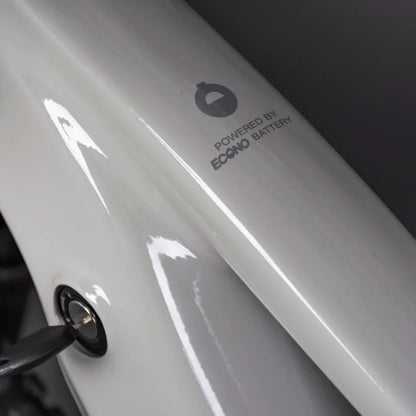 Izdelek je električno kolo, znamke Econo, model Pantera C6 120. Na sliki je vidna bela površina okvirja kolesa z oznako "Powered by Econo Battery" ter ključavnica za baterijo. Kolo ima sodoben in eleganten dizajn, kar nakazuje na uporabnost in funkcionalnost.