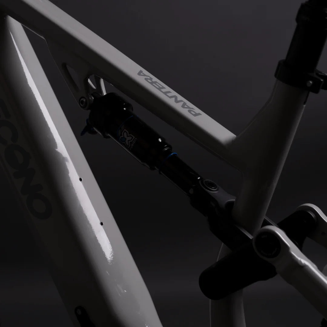 Izdelek na sliki je električno kolo, model Econo Pantera C6 120. Na sliki je del okvirja kolesa, ki je v svetli barvi, ter vidni amortizer, kar nakazuje na njegovo zmogljivost in udobje pri vožnji. Kolo je zasnovano za različne terenske pogoje, kar je razvidno iz njegove konstrukcije.