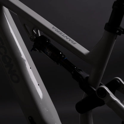 Izdelek na sliki je električno kolo, model Econo Pantera C6 120. Na sliki je del okvirja kolesa, ki je v svetli barvi, ter vidni amortizer, kar nakazuje na njegovo zmogljivost in udobje pri vožnji. Kolo je zasnovano za različne terenske pogoje, kar je razvidno iz njegove konstrukcije.