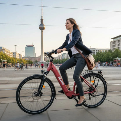 Izdelek na sliki je električno kolo znamke Econo, model EER4. Na sliki je vidna ženska, oblečena v poslovno obleko, ki vozi električno kolo po mestni ulici. V ozadju se vidi znameniti televizijski stolp v Berlinu, kar nakazuje urbano okolje. Kolo ima moderno zasnovo, s poudarjenim okvirjem in udobno sedežno pozicijo.