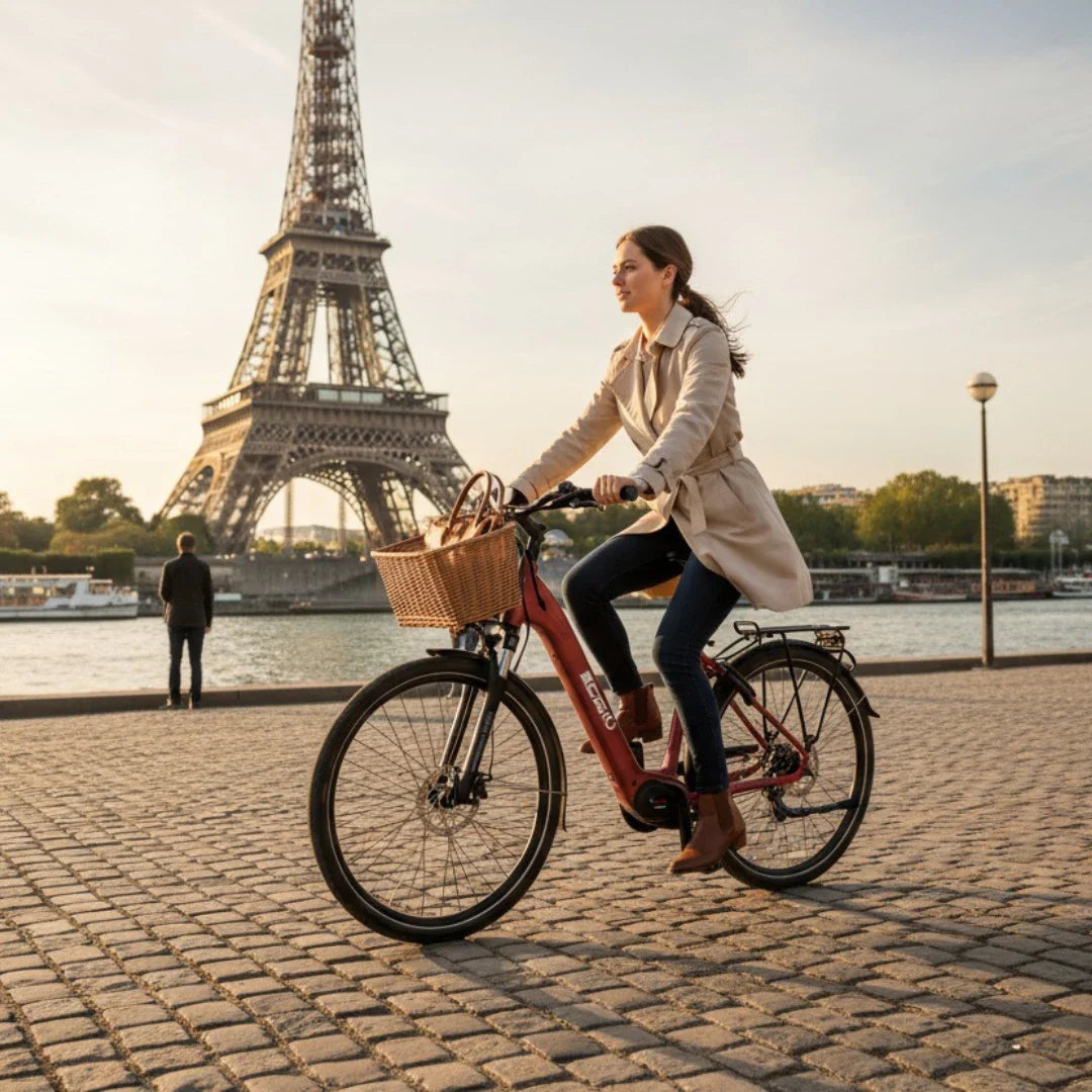 Na sliki je električno kolo znamke Econo, model EER4. Kolo ima rdečo barvo in je opremljeno s košaro na sprednjem delu. Na kolesu se vozi ženska v svetlem plašču, medtem ko je v ozadju vidna Eiffelova stolpnica ob reki. Scena prikazuje prijetno vzdušje v urbanem okolju.