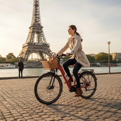 Na sliki je električno kolo znamke Econo, model EER4. Kolo ima rdečo barvo in je opremljeno s košaro na sprednjem delu. Na kolesu se vozi ženska v svetlem plašču, medtem ko je v ozadju vidna Eiffelova stolpnica ob reki. Scena prikazuje prijetno vzdušje v urbanem okolju.