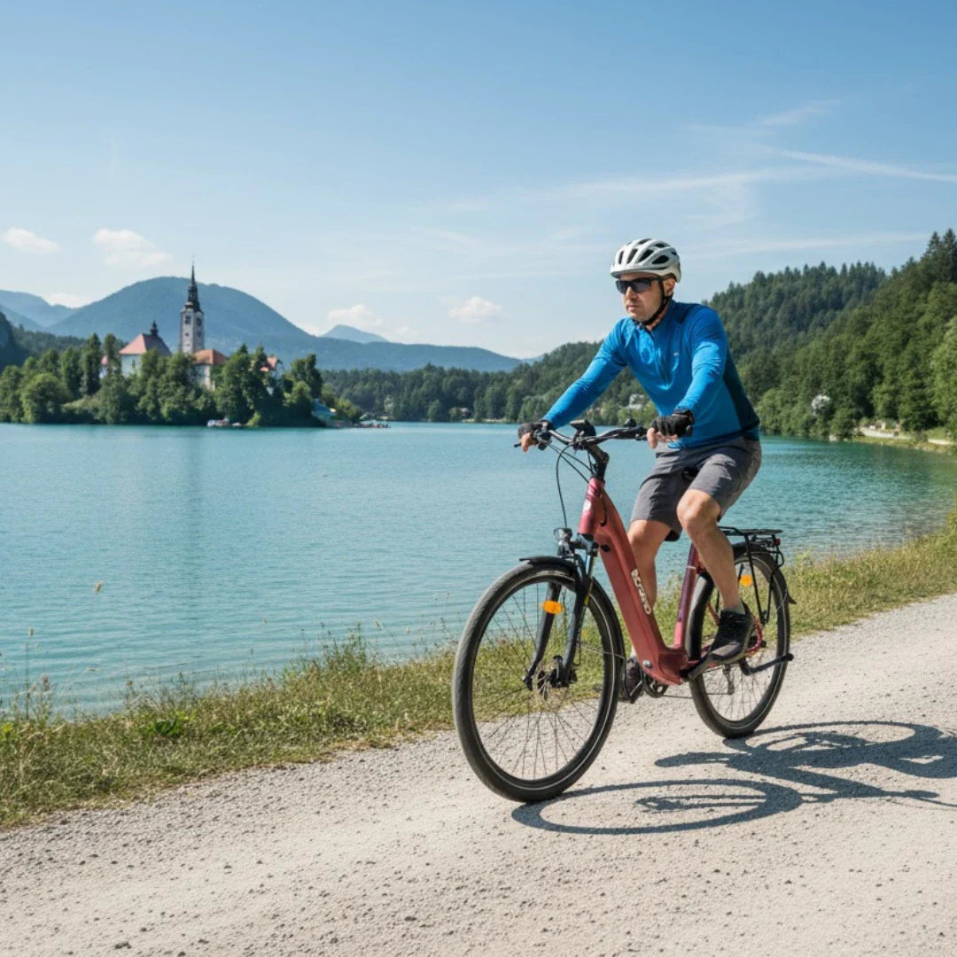 Na sliki je električno kolo, model Econo Apes EER4. Kolo je rdeče barve in ima moškega kolesarja, ki vozi ob jezeru v slikovitem okolju. Oblečen je v modro majico in kratke hlače ter nosi čelado. V ozadju so zelene hribe in cerkev, kar ustvarja prijetno naravno vzdušje.