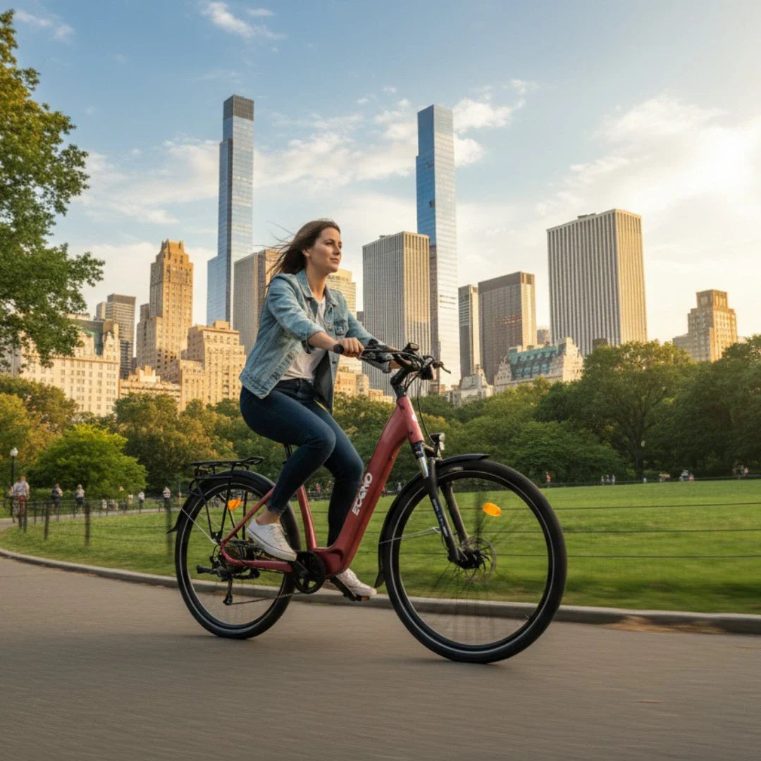 Na sliki je električno kolo znamke Econo, model EER4. Prikazuje žensko, ki se vozi po parku v urbanem okolju, z visokimi stavbami v ozadju. Kolo je rdeče barve in ima široka kolesa ter nosilec na zadnji strani. V ozadju se vidi zelenje in mestna arhitektura, kar ustvarja prijetno vzdušje za vožnjo.