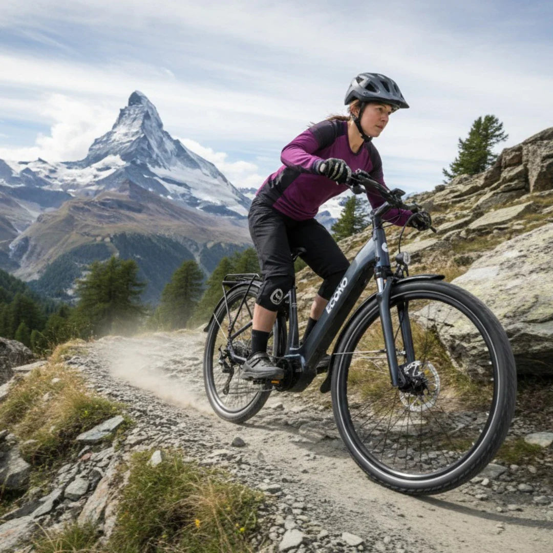 Na sliki je električno kolo znamke Econo, model Mare City. Kolo je vidno v akciji, saj ga vozi oseba po gorski poti, obkroženi z naravo in visokimi gorami. Oseba nosi čelado in športno oblačilo, kar nakazuje na aktivno uporabo kolesa v naravi. Kolo ima robustno zasnovo, primerno za terensko vožnjo.
