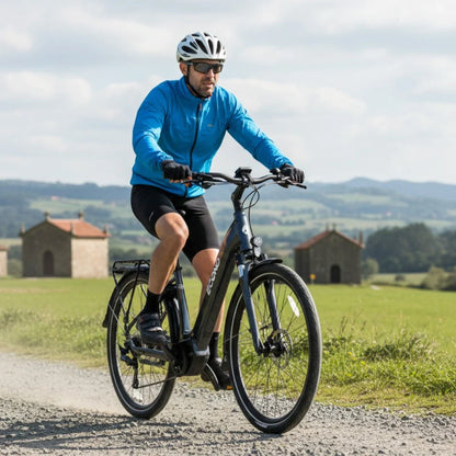 Izdelek je električno kolo znamke Econo, model Mare City. Na sliki je moški, oblečen v modro jakno in kratke hlače, ki vozi električno kolo po makadamski poti. V ozadju so vidne zelene pokrajine in nekaj manjših zgradb. Kolo ima robusten okvir in široke pnevmatike, kar nakazuje na udobno vožnjo po različnih terenih.