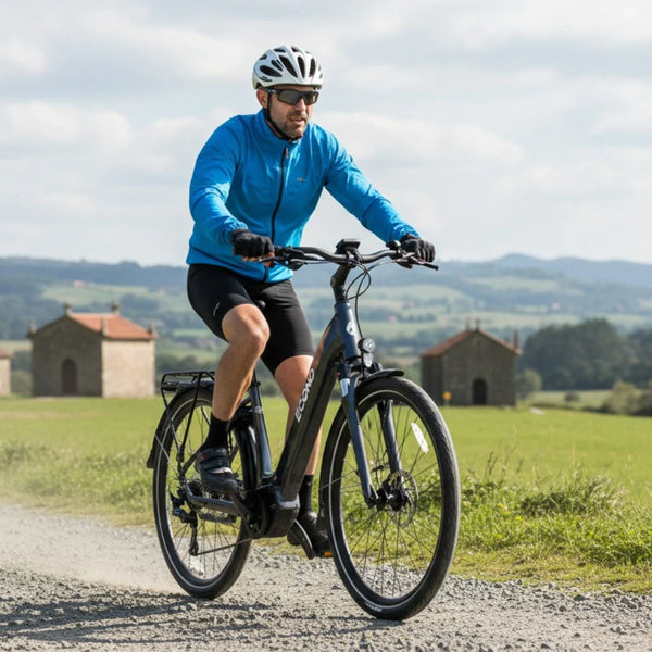 Izdelek je električno kolo znamke Econo, model Mare City. Na sliki je moški, oblečen v modro jakno in kratke hlače, ki vozi električno kolo po makadamski poti. V ozadju so vidne zelene pokrajine in nekaj manjših zgradb. Kolo ima robusten okvir in široke pnevmatike, kar nakazuje na udobno vožnjo po različnih terenih.