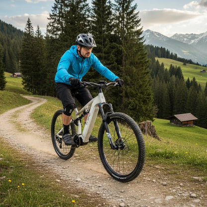 Izdelek je električno kolo, znamke Euno, model Pantera C8 140. Na sliki je prikazan kolesar, oblečen v modro jakno in črne kratke hlače, ki vozi po gozdni poti v naravi. Okoli njega so zelene travnate površine in drevesa, v ozadju pa so vidne gore. Kolo ima robusten okvir in široke gume, kar je primerno za terensko vožnjo.