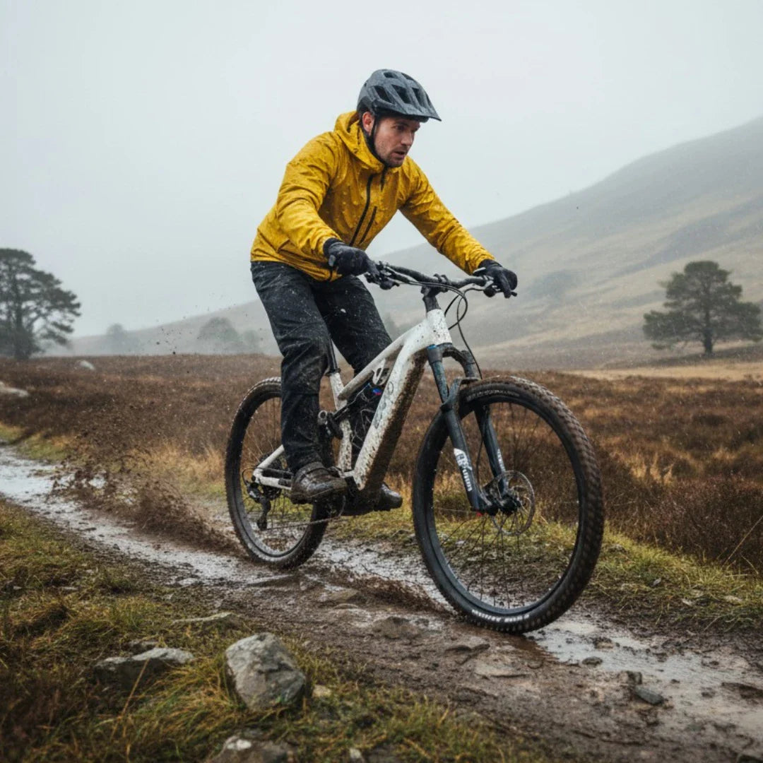 Izdelek je električno kolo, model Econo Pantera C8, ki ga uporablja kolesar v rumeni jakni. Na sliki je vidno, da kolesar vozi po mokri in blatni poti v naravi, obdan z griči in drevesi. Vreme je oblačno, kar dodatno poudarja pustolovski značaj vožnje. Kolo ima robustne gume, kar je primerno za terensko vožnjo.