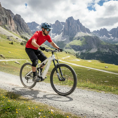 Izdelek na sliki je električno kolo, model Econo Pantera C9. Na sliki vidimo moškega, ki vozi kolo po gorski poti, obdanem z naravno pokrajino, v ozadju pa so visoke gore. Kolo je belo, kar je opazno, in ima široke pnevmatike, kar je primerno za terensko vožnjo. Kolesar nosi zaščitno čelado in športna oblačila, kar kaže na aktivno uporabo kolesa v naravi.