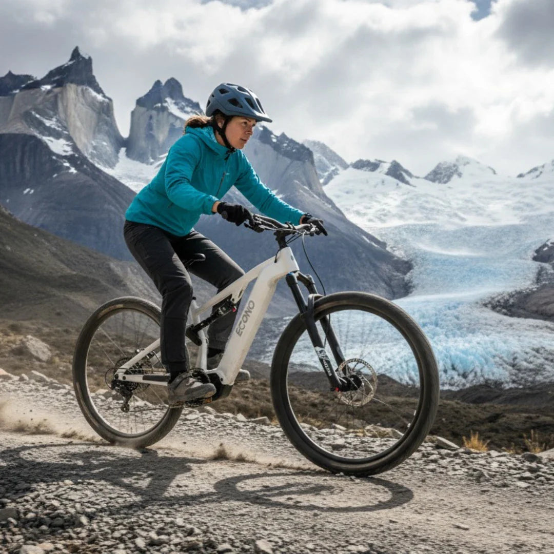 Izdelek je električno kolo, znamke Econo, model Pantera C9 160. Na sliki je vidna ženska kolesarka, ki vozi po gorski poti v slikovitem naravnem okolju, obdanem z gorami in ledenikom v ozadju. Kolesarka nosi čelado in športna oblačila, kar nakazuje na aktivno in pustolovsko vožnjo.