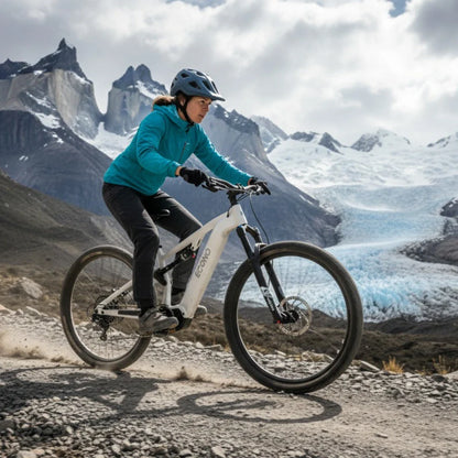 Izdelek je električno kolo, znamke Econo, model Pantera C9 160. Na sliki je vidna ženska kolesarka, ki vozi po gorski poti v slikovitem naravnem okolju, obdanem z gorami in ledenikom v ozadju. Kolesarka nosi čelado in športna oblačila, kar nakazuje na aktivno in pustolovsko vožnjo.