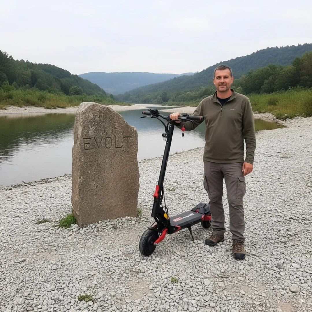 Na sliki je električni skiro model "Eco Speed 9X". Znamka ni izrecno navedena, vendar je skiro črne barve s rdečimi detajli. Oseba na sliki stoji ob skiroju na obrežju reke, v ozadju pa so zelene hribe in narava. Na kamnu je izpisano ime "EVOLT". Oseba nosi udobna oblačila in se z nasmehom opira na skiro.