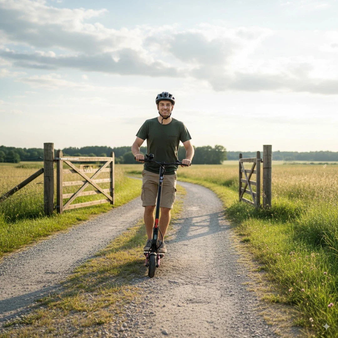 Na sliki je električni skiro model "Eco Speed 9X". Vidimo moškega, ki vozi skiro po makadamski poti ob zelenem travniku. Oblečen je v kratke hlače in majico ter nosi čelado za zaščito. V ozadju so vidne odprte vrata in naravna pokrajina.