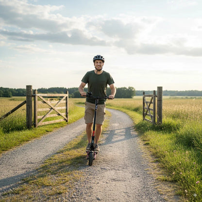 Na sliki je električni skiro model "Eco Speed 9X". Vidimo moškega, ki vozi skiro po makadamski poti ob zelenem travniku. Oblečen je v kratke hlače in majico ter nosi čelado za zaščito. V ozadju so vidne odprte vrata in naravna pokrajina.