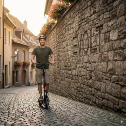 Na sliki je prikazan električni skiro model "Eco Speed 9X". Uporabnik, oblečen v temno majico in kratke hlače, vozi skiro po slikoviti ulici, obdani s kamnitimi zidovi in cvetličnimi okrasnimi lonci. V ozadju je vidna sončna svetloba, kar daje sliki prijetno vzdušje. Uporabnik nosi čelado, kar kaže na skrb za varnost med vožnjo.