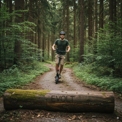 Na sliki je električni skiro, model Eco Speed 9X, znamke Evolt. Oseba na skiroju se vozi po gozdni poti, obdana z zelenjem in drevesi. Na tleh je vidna tudi debla, na katerem je izrezljana beseda "EVOLT". Oseba nosi čelado in športna oblačila, kar nakazuje na aktivno preživljanje prostega časa.
