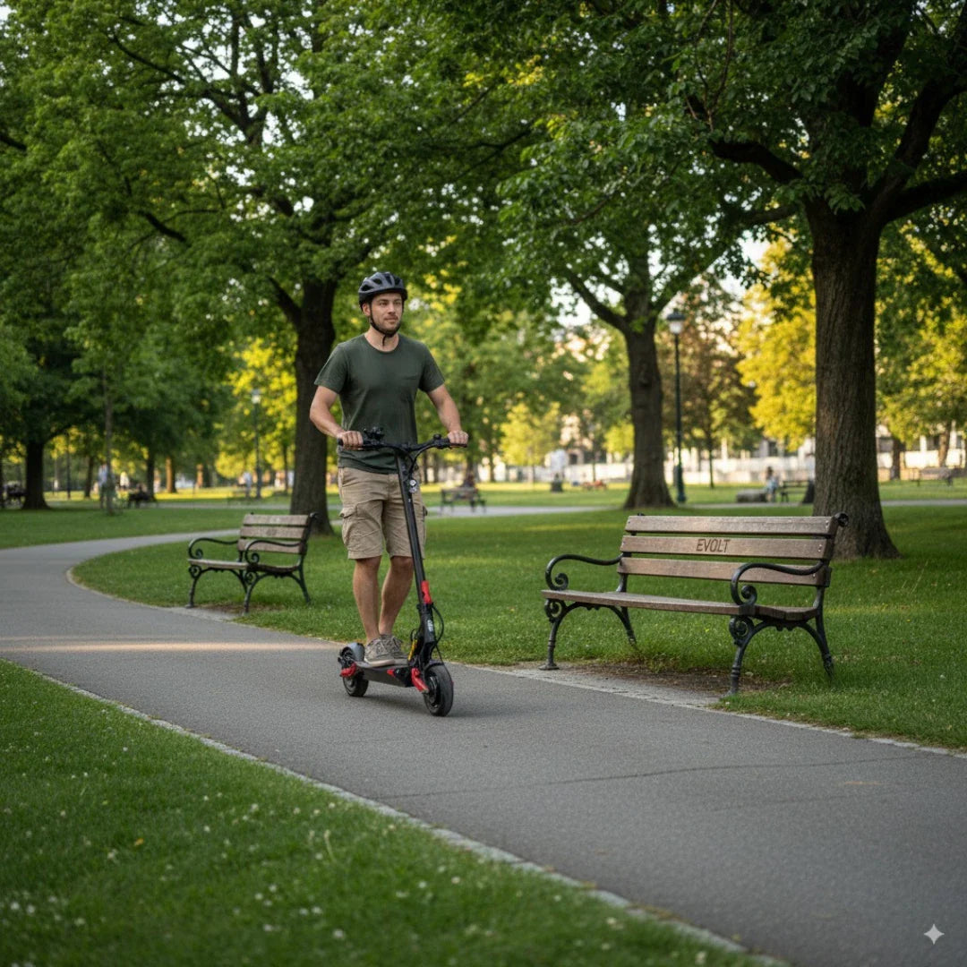Na sliki je prikazan električni skiro, model Eco Speed 9X. Oseba, oblečena v zeleno majico in kratke hlače, vozi skiro po urejeni poti v parku, obdanem z drevesi in klopmi. Oseba nosi čelado, kar kaže na zavedanje o varnosti med vožnjo.