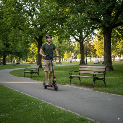Na sliki je prikazan električni skiro, model Eco Speed 9X. Oseba, oblečena v zeleno majico in kratke hlače, vozi skiro po urejeni poti v parku, obdanem z drevesi in klopmi. Oseba nosi čelado, kar kaže na zavedanje o varnosti med vožnjo.